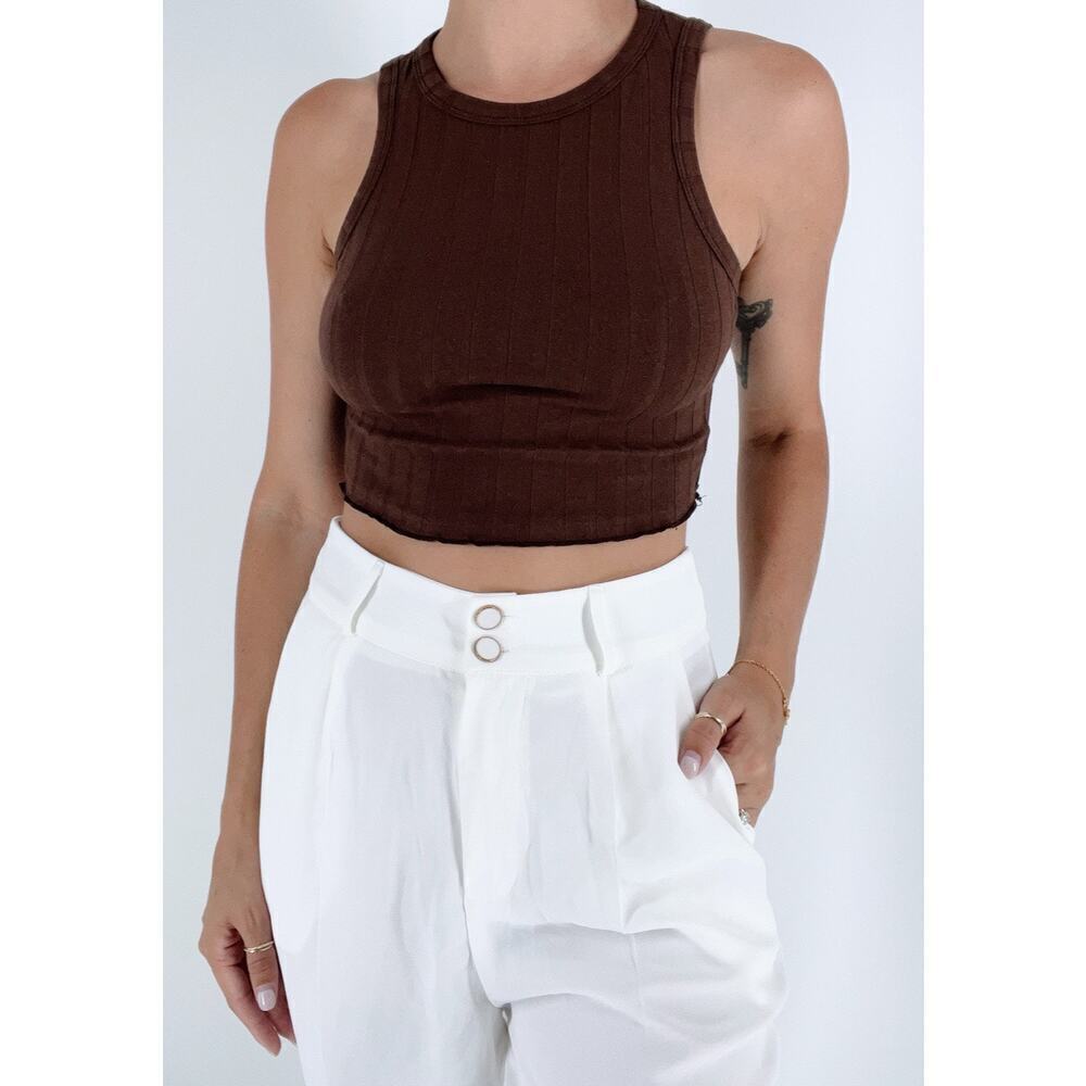 Women's Brown Lettuce Trim Rib Knit Tank Top Size Small